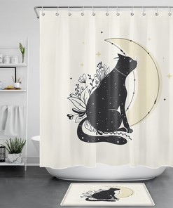 Bohemian Black Cat Shower Curtain With Star, Moon, And Plant Flowers Print For Bathroom