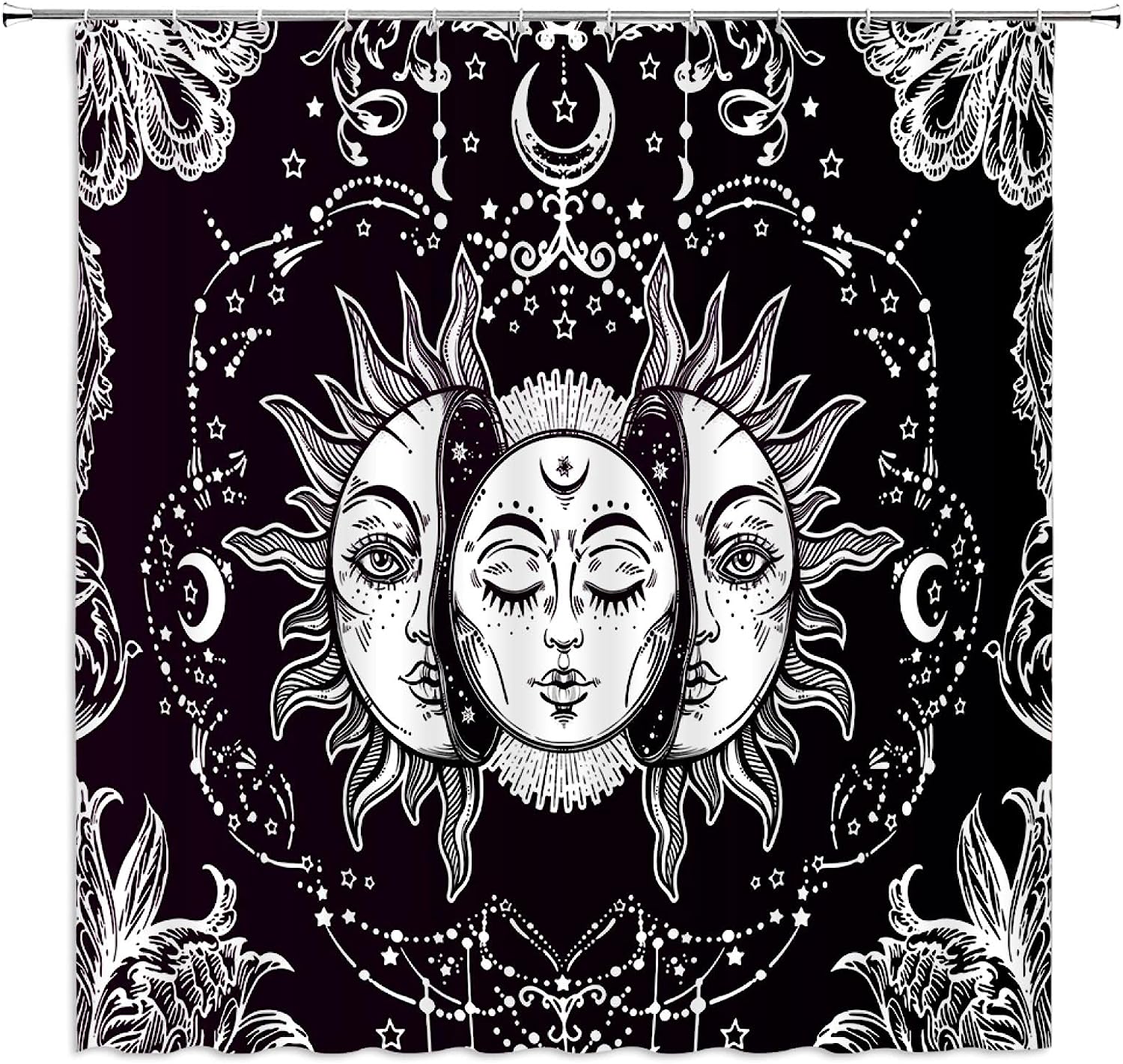 Bohemian Black White Sun Moon Shower Curtain for India-Inspired Bathroom Decor