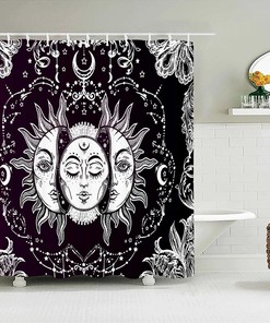 Bohemian Black White Sun Moon Shower Curtain for India-Inspired Bathroom Decor