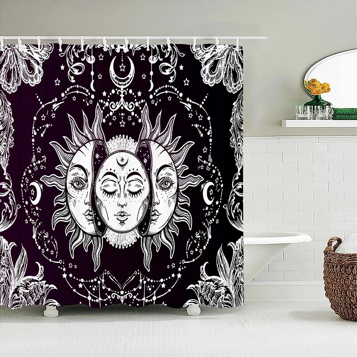 Bohemian Black White Sun Moon Shower Curtain for India-Inspired Bathroom Decor