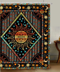 Bohemian Burning Sun and Mandala Art Printed Waterproof Fabric Shower Curtain