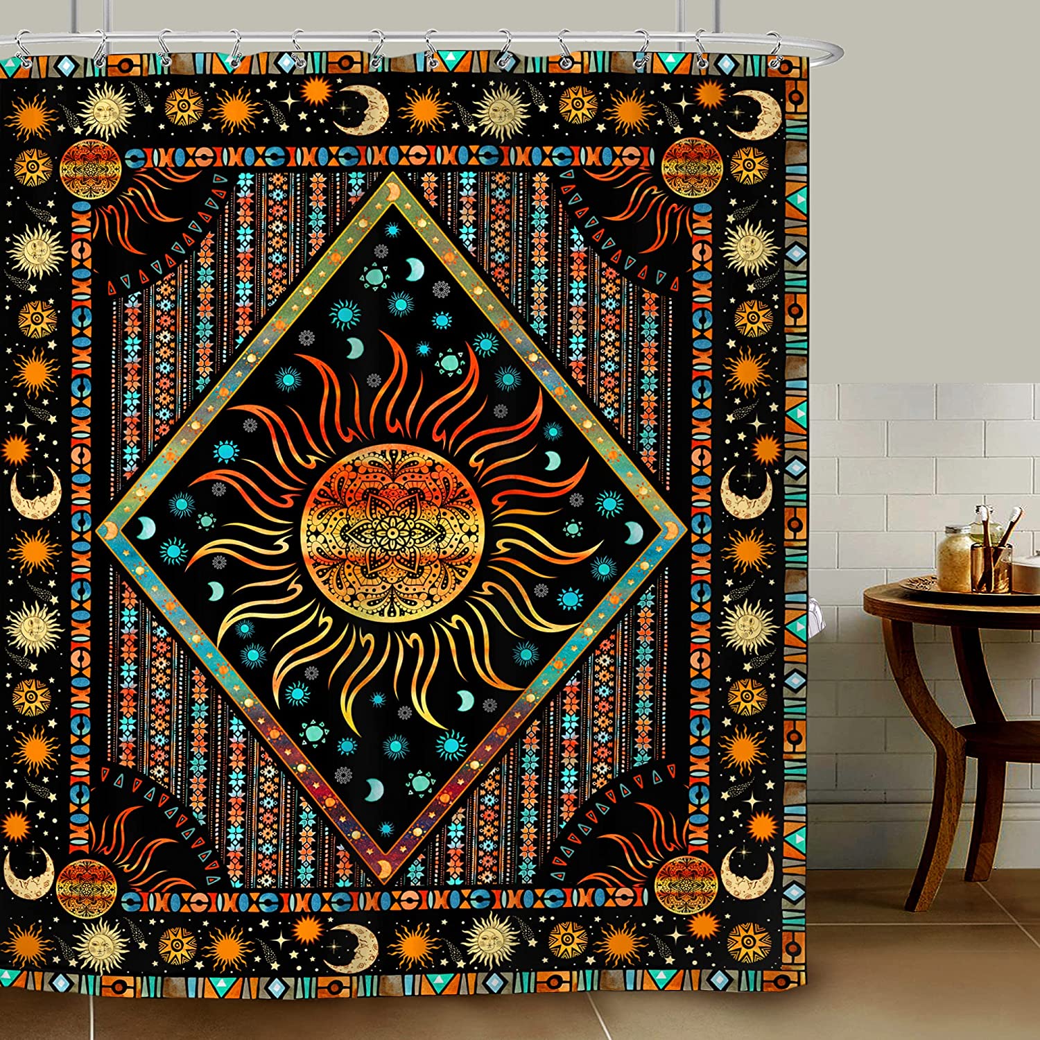 Bohemian Burning Sun and Mandala Art Printed Waterproof Fabric Shower Curtain