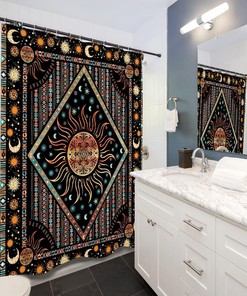 Bohemian Burning Sun and Mandala Art Printed Waterproof Fabric Shower Curtain