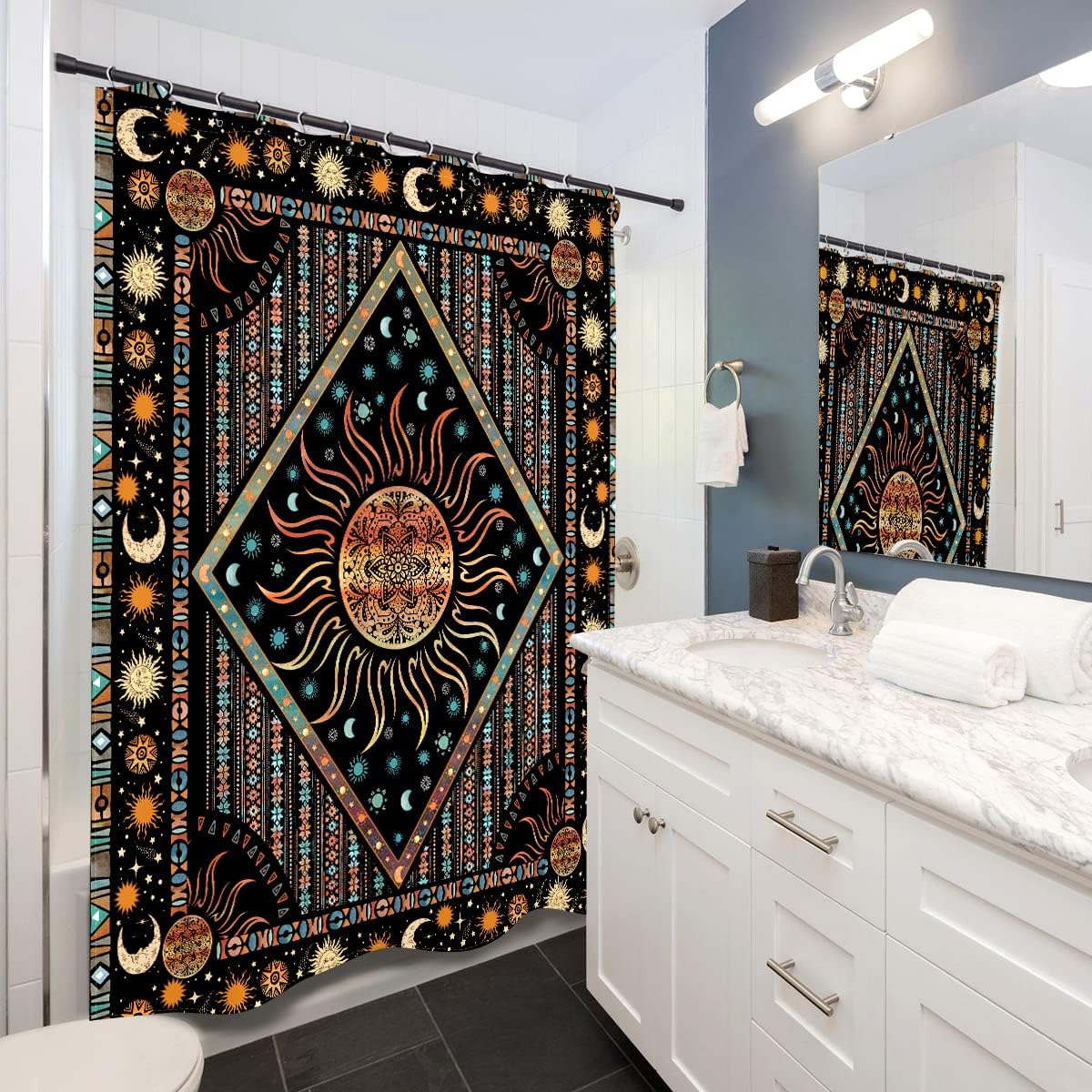 Bohemian Burning Sun and Mandala Art Printed Waterproof Fabric Shower Curtain