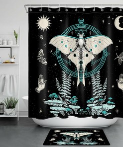 Bohemian Butterfly Sun Moon Shower Curtain, Psychedelic Bathroom Accessories