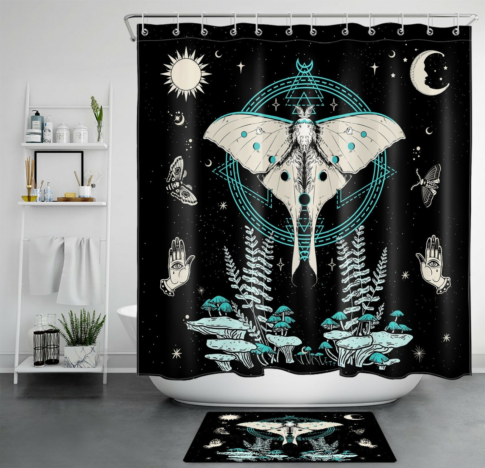 Bohemian Butterfly Sun Moon Shower Curtain, Psychedelic Bathroom Accessories