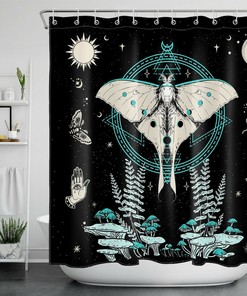 Bohemian Butterfly Sun Moon Shower Curtain, Psychedelic Bathroom Accessories
