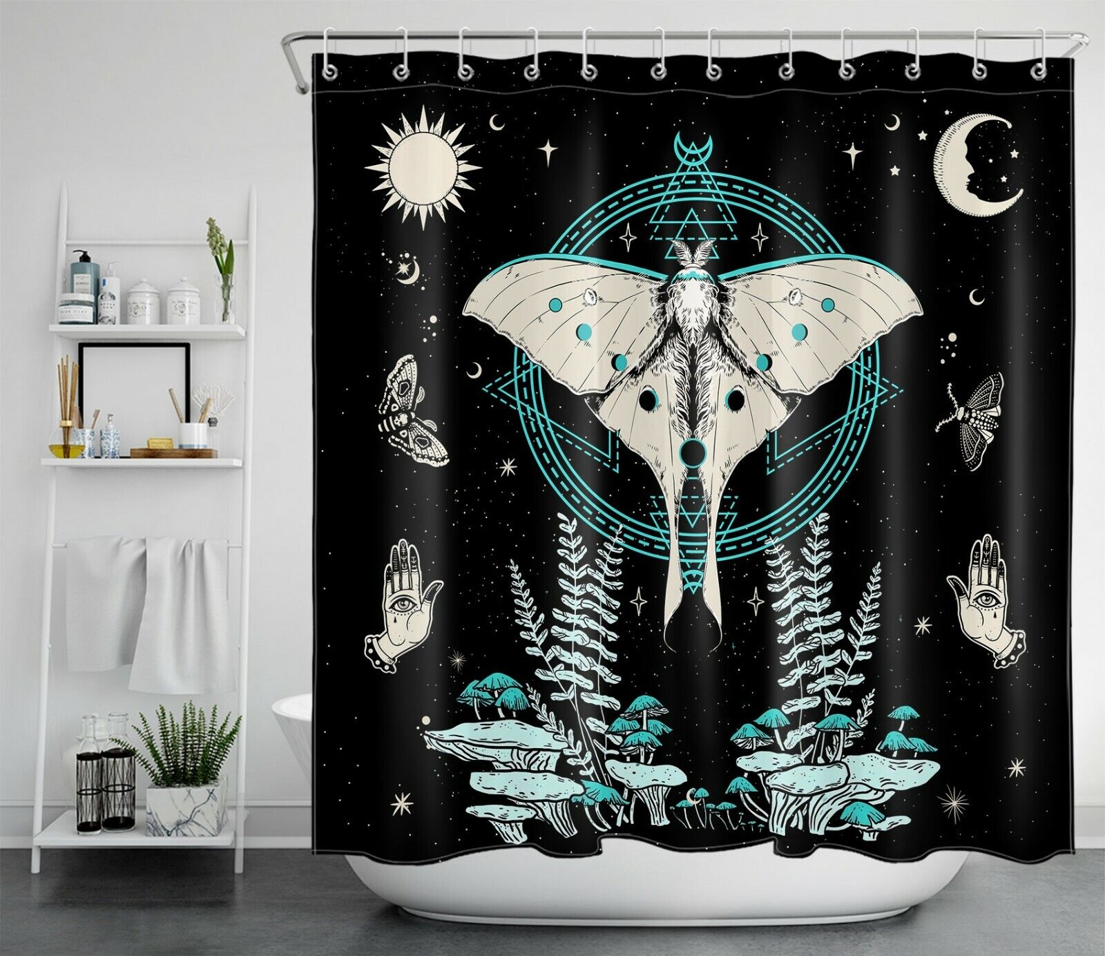 Bohemian Butterfly Sun Moon Shower Curtain, Psychedelic Bathroom Accessories