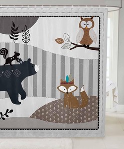 Bohemian Cartoon Animal Shower Curtain With Bear, Owl, Fox And Plant Print Room Decor