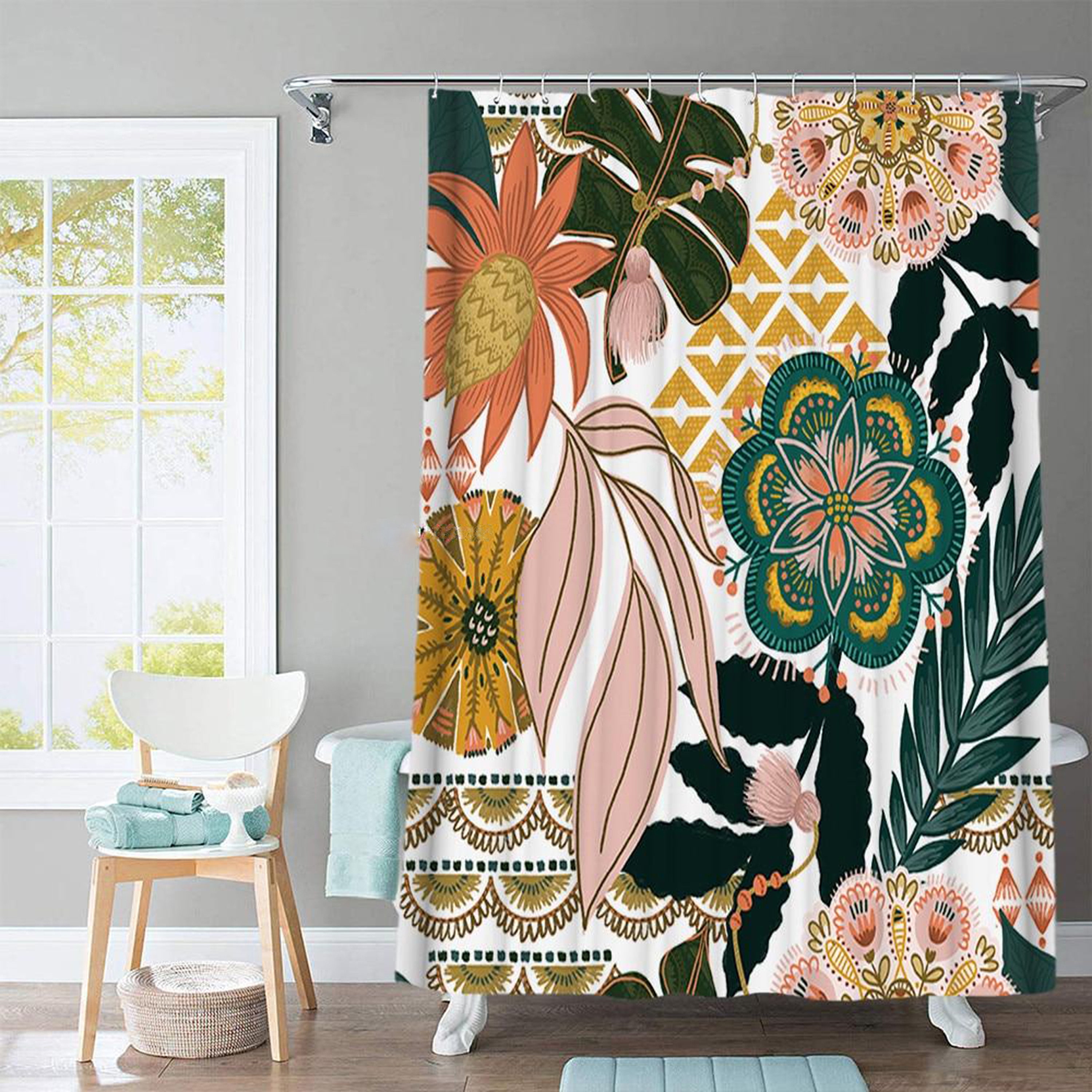 Bohemian Chic Floral Shower Curtain With Colorful Boho Design, Ideal For House