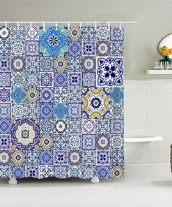 Bohemian Chic Geometric Floral Shower Curtain, Blue Mosaic Tile Pattern, Fabric Bath Curtain, Home Bathroom Decor