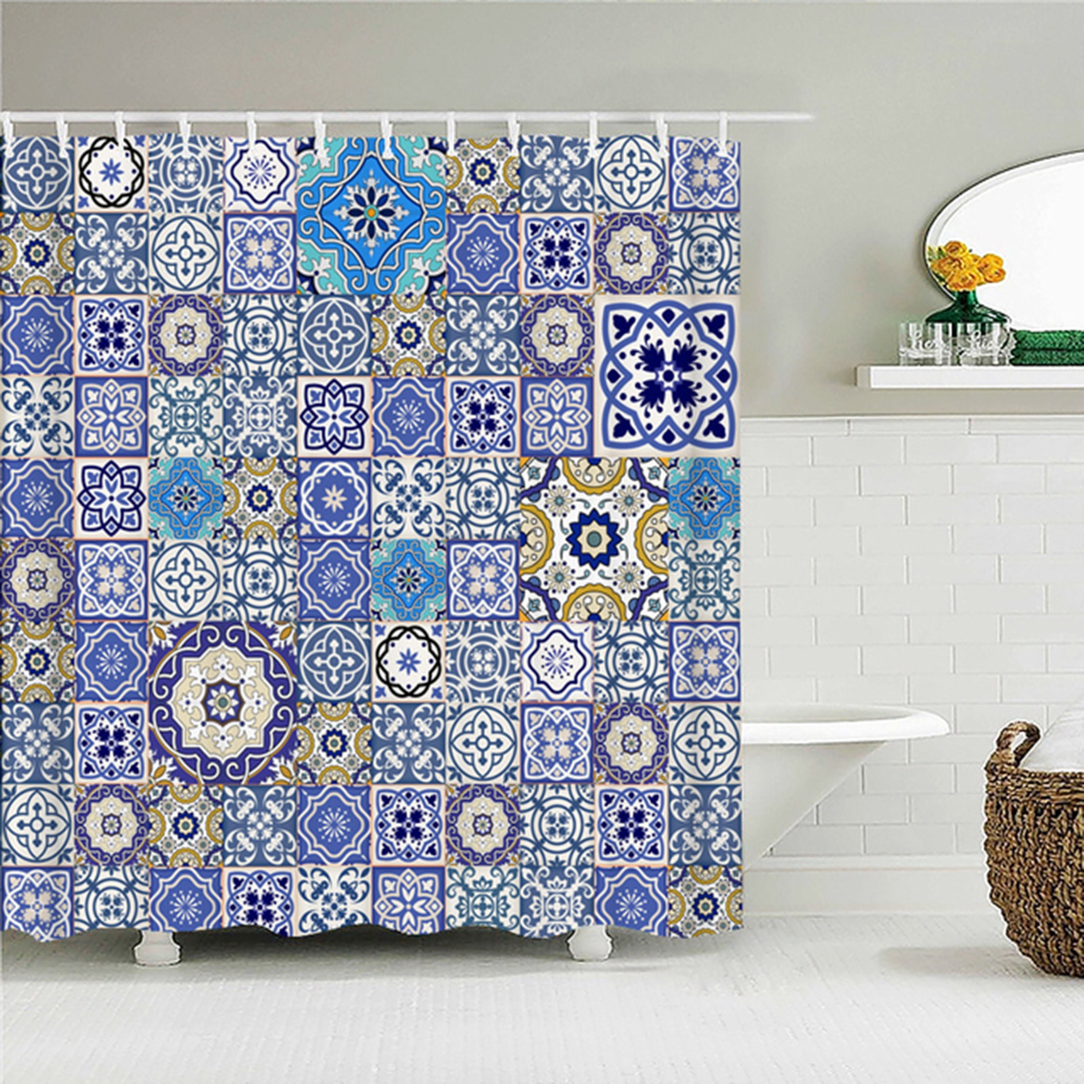 Bohemian Chic Geometric Floral Shower Curtain, Blue Mosaic Tile Pattern, Fabric Bath Curtain, Home Bathroom Decor