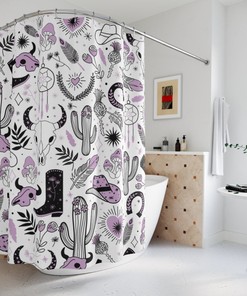 Bohemian Cowgirl Rodeo Shower Curtain, Skull And Feather Print, Cute Bathroom Decor, Boho Style