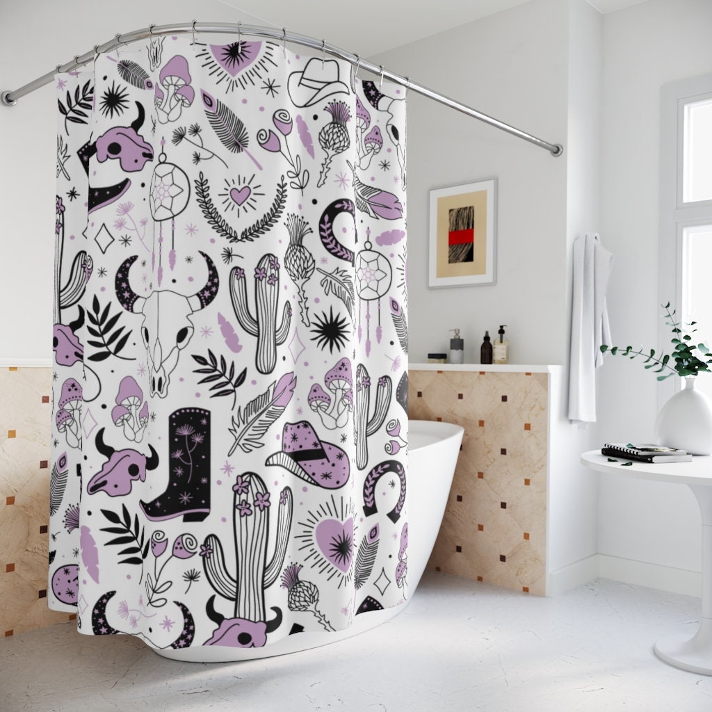 Bohemian Cowgirl Rodeo Shower Curtain, Skull And Feather Print, Cute Bathroom Decor, Boho Style