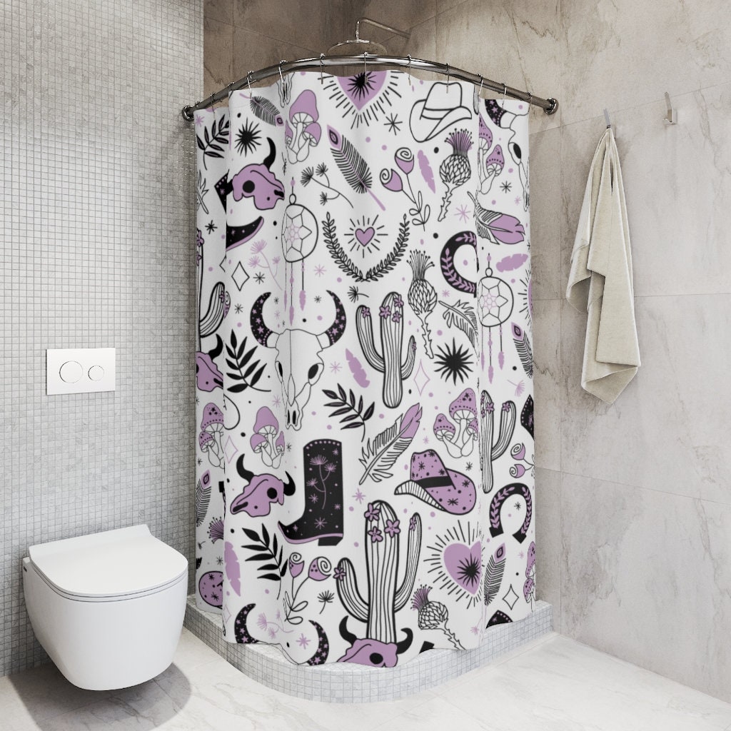 Bohemian Cowgirl Rodeo Shower Curtain, Skull And Feather Print, Cute Bathroom Decor, Boho Style - Image 3