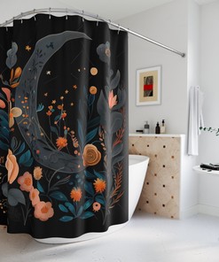 Bohemian Dark Boho Floral Moon Print Shower Curtain For Ethereal Bathroom Decor