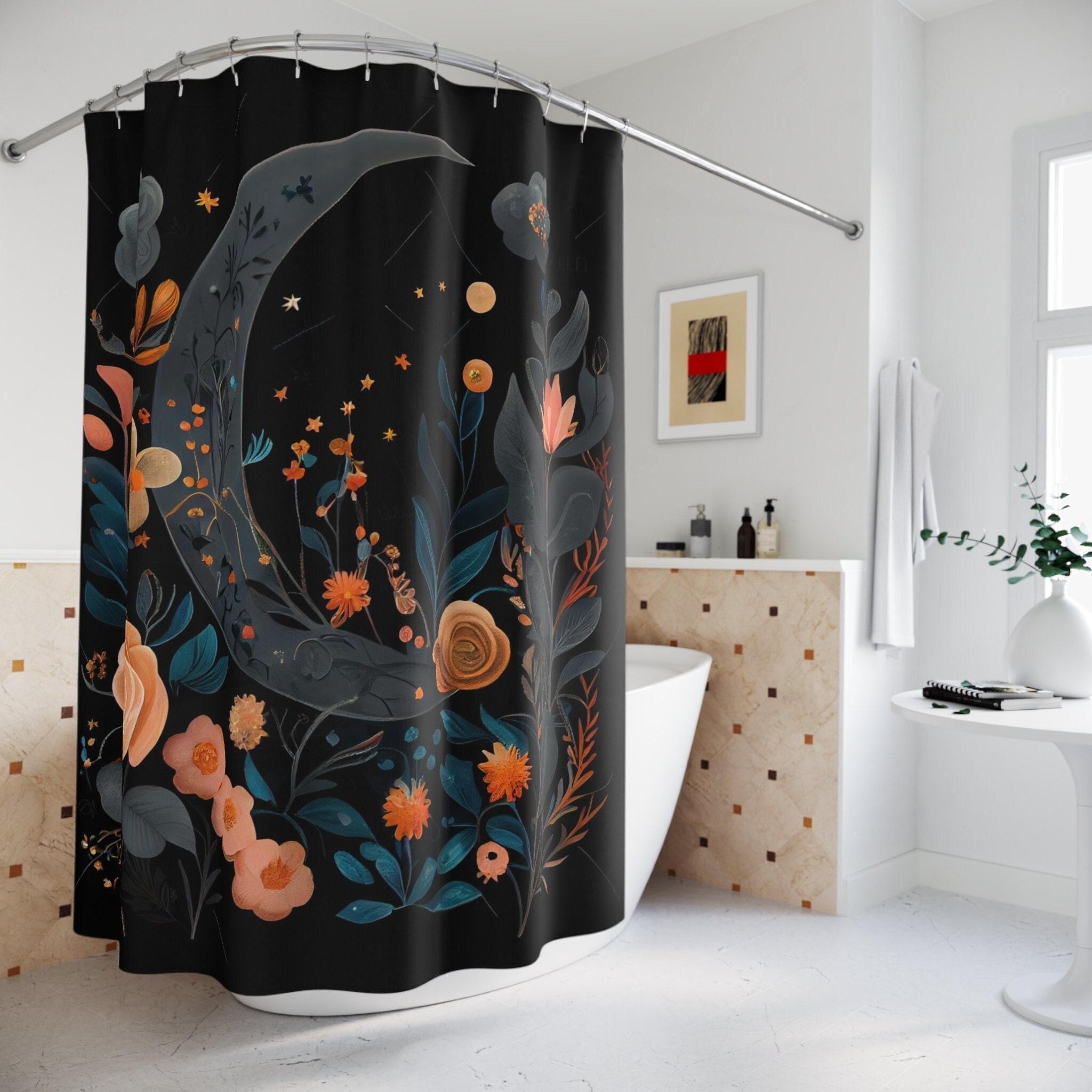 Bohemian Dark Boho Floral Moon Print Shower Curtain For Ethereal Bathroom Decor