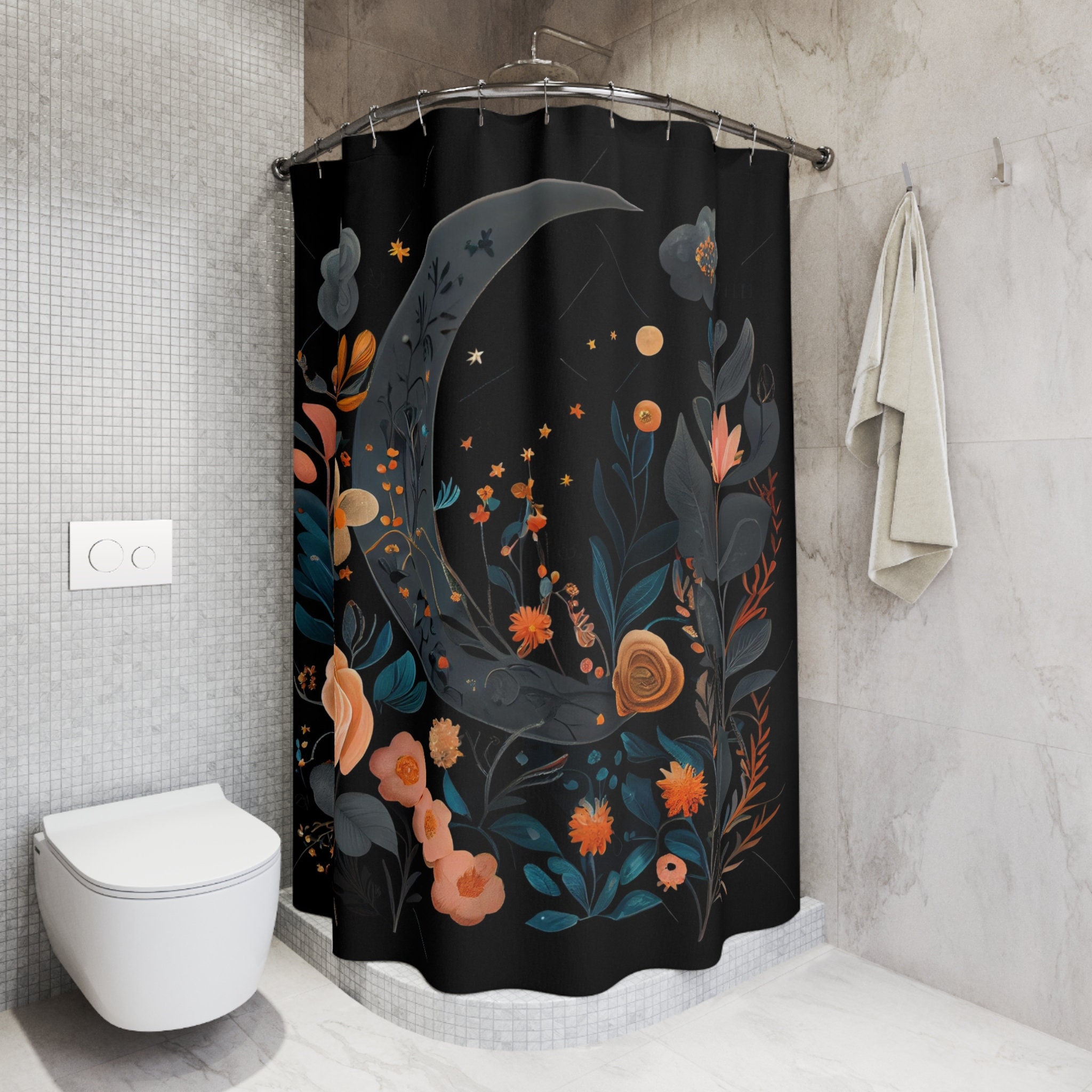 Bohemian Dark Boho Floral Moon Print Shower Curtain For Ethereal Bathroom Decor - Image 3