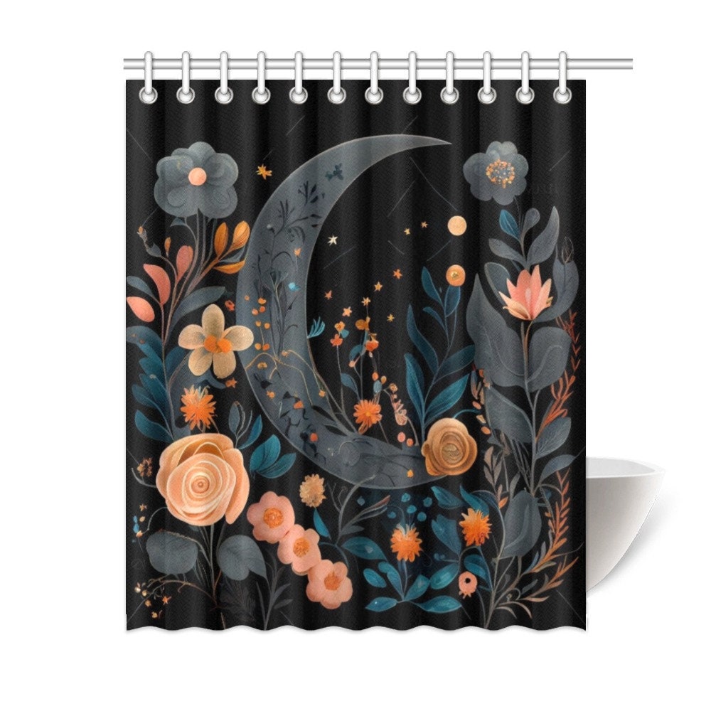 Bohemian Dark Boho Floral Moon Print Shower Curtain For Ethereal Bathroom Decor - Image 4