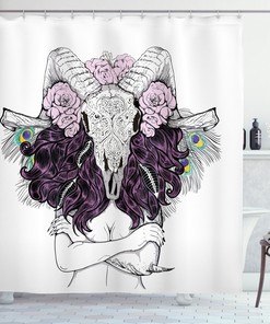 Bohemian Deer Skull With Roses Print Waterproof Shower Curtain For Bathroom