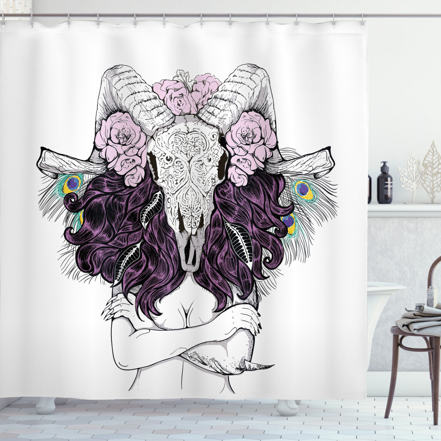 Bohemian Deer Skull With Roses Print Waterproof Shower Curtain For Bathroom