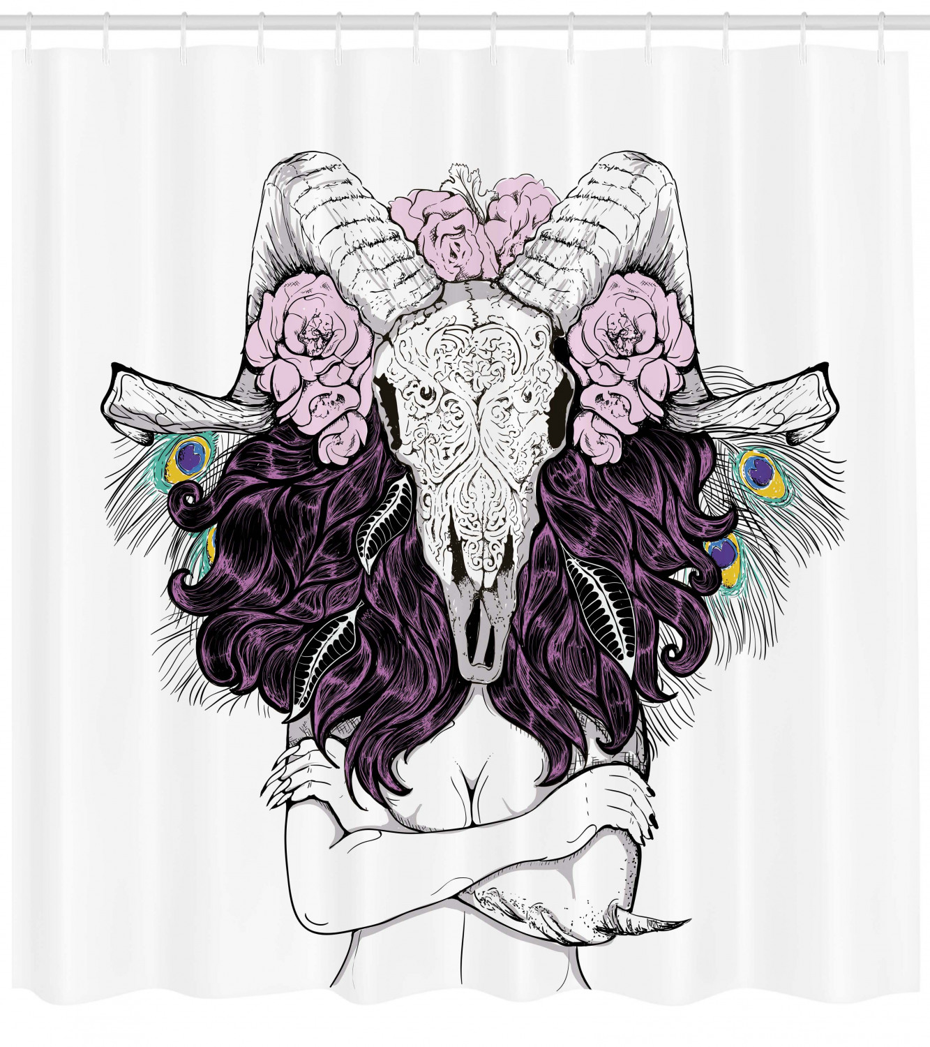 Bohemian Deer Skull With Roses Print Waterproof Shower Curtain For Bathroom - Image 4