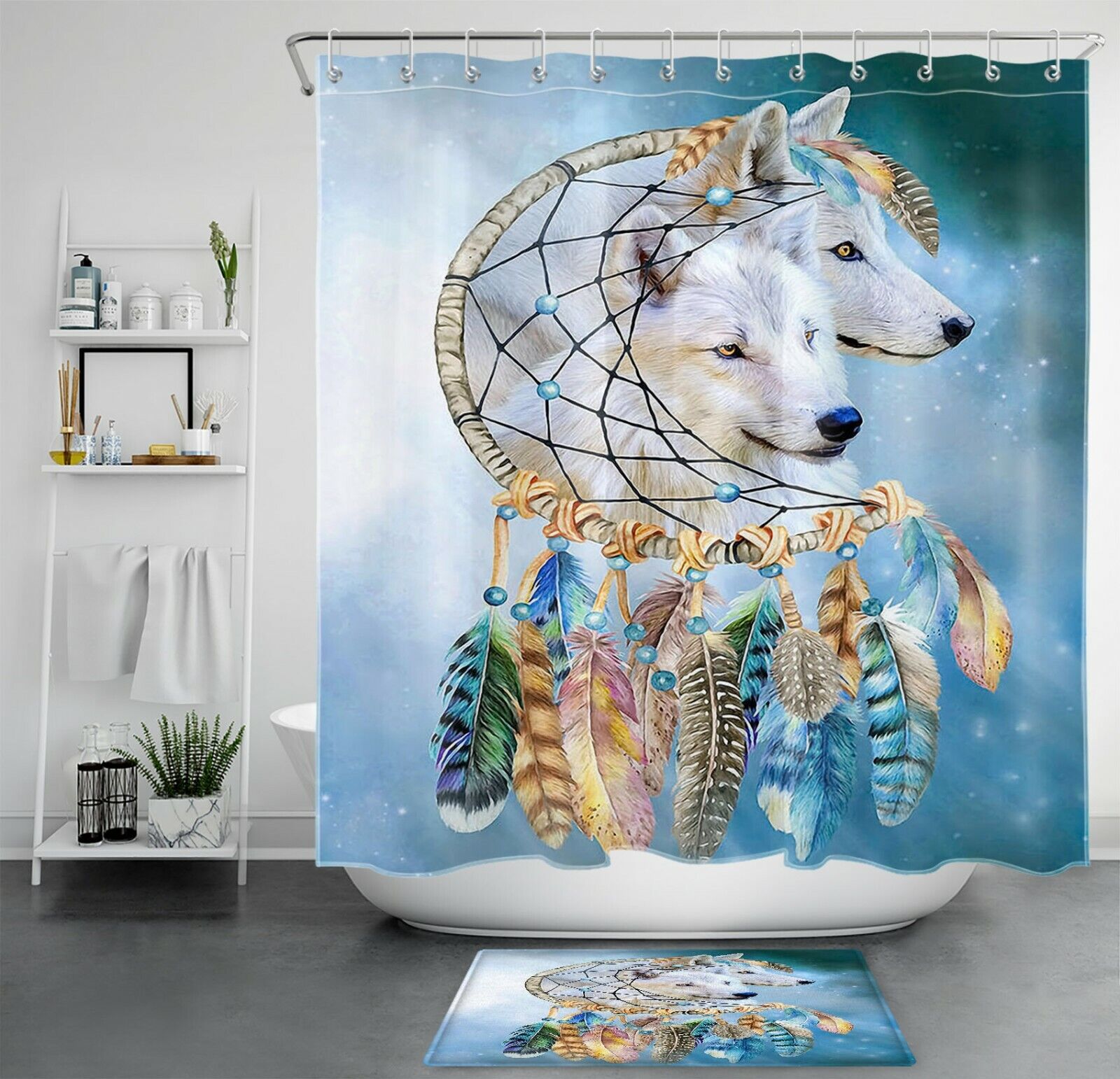 Bohemian Dreamcatcher And White Wolf Print Shower Curtain For Bathroom