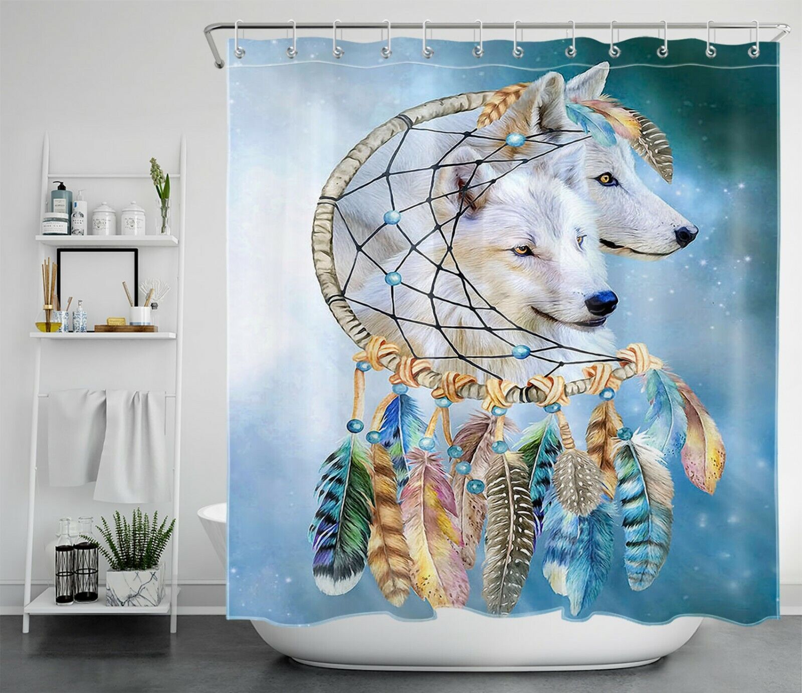 Bohemian Dreamcatcher And White Wolf Print Shower Curtain For Bathroom - Image 2