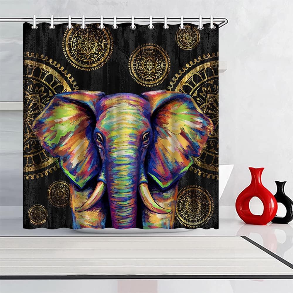 Bohemian Elephant And Mandala Flower Abstract Shower Curtain For Bathroom Decor, - Image 2