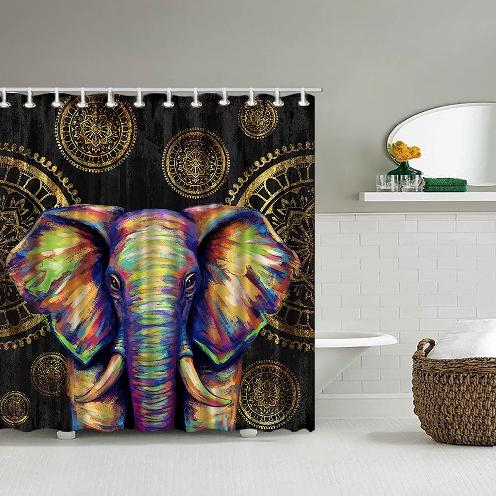 Bohemian Elephant And Mandala Flower Abstract Shower Curtain For Bathroom Decor, - Image 3