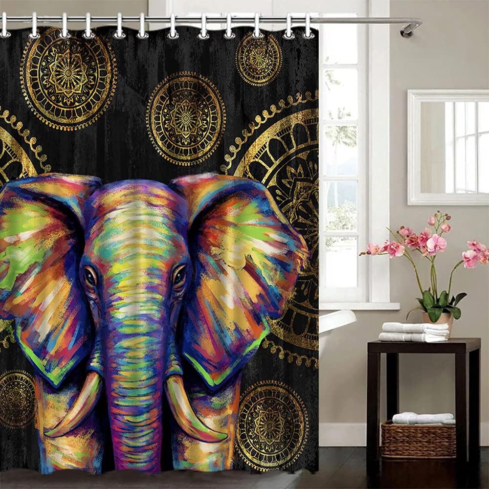 Bohemian Elephant And Mandala Flower Abstract Shower Curtain For Bathroom Decor, - Image 4