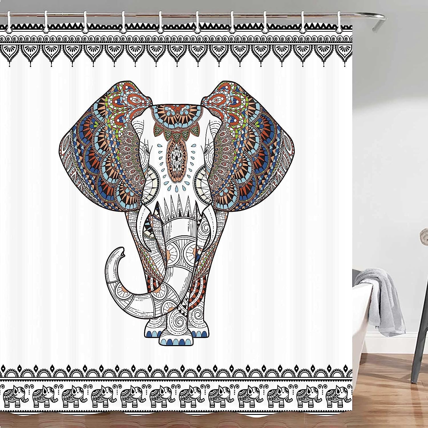 Bohemian Elephant Mandala Shower Curtain, Black and White Bathroom Decor