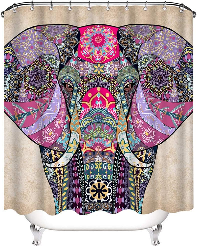 Bohemian Elephant Shower Curtain, Indian Style Bathroom Decor for Boho Lovers