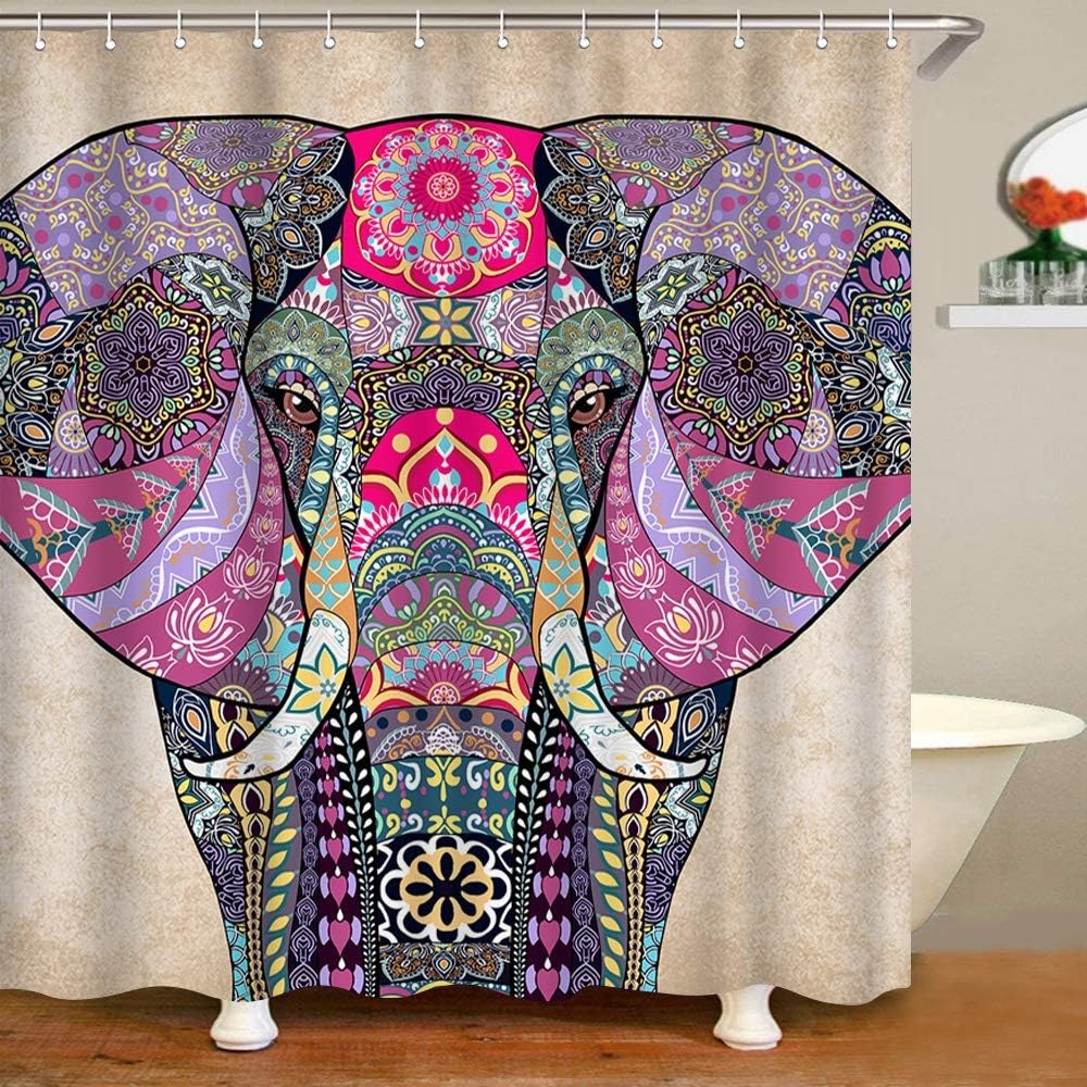 Bohemian Elephant Shower Curtain, Indian Style Bathroom Decor for Boho Lovers