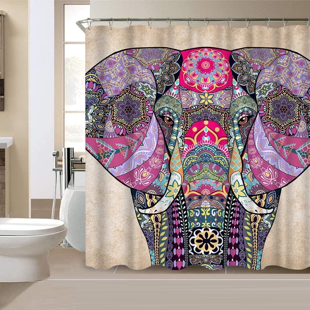 Bohemian Elephant Shower Curtain, Indian Style Bathroom Decor for Boho Lovers