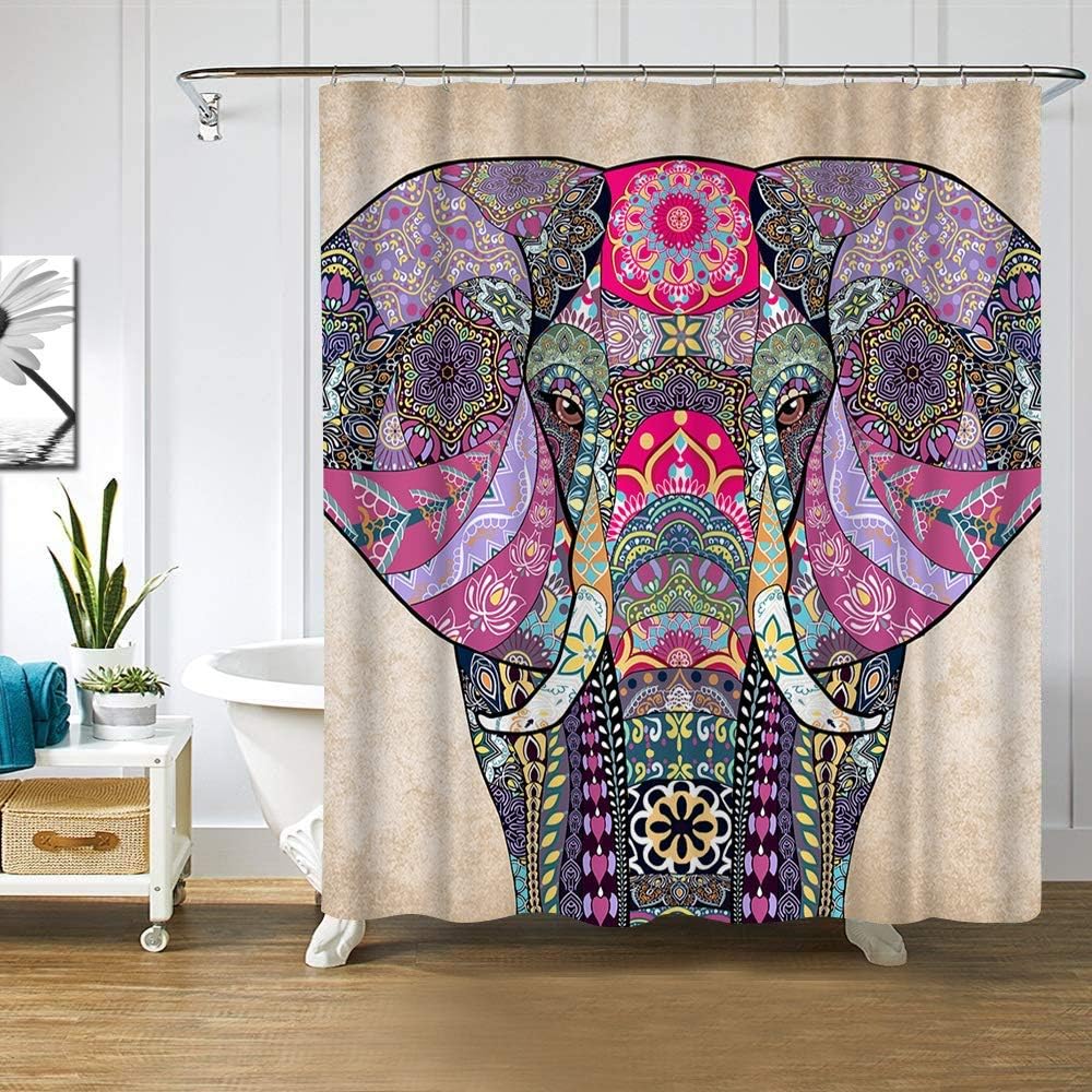 Bohemian Elephant Shower Curtain, Indian Style Bathroom Decor for Boho Lovers