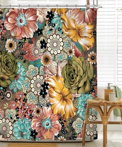 Bohemian Floral Retro Funky Bright Shower Curtain, Aesthetic Bathroom Decor, Botanical Print 