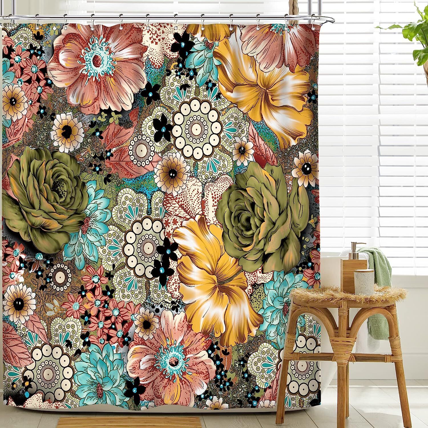 Bohemian Floral Retro Funky Bright Shower Curtain, Aesthetic Bathroom Decor, Botanical Print