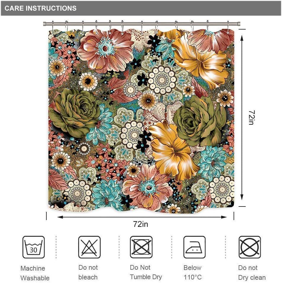 Bohemian Floral Retro Funky Bright Shower Curtain, Aesthetic Bathroom Decor, Botanical Print