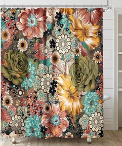 Bohemian Floral Retro Funky Bright Shower Curtain, Aesthetic Bathroom Decor, Botanical Print