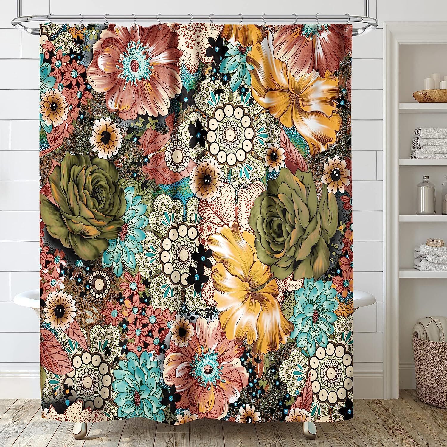 Bohemian Floral Retro Funky Bright Shower Curtain, Aesthetic Bathroom Decor, Botanical Print