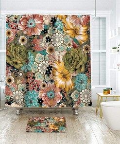 Bohemian Floral Retro Funky Bright Shower Curtain, Aesthetic Bathroom Decor, Botanical Print
