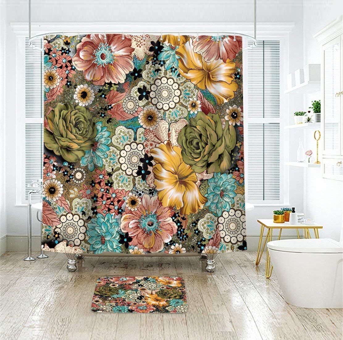Bohemian Floral Retro Funky Bright Shower Curtain, Aesthetic Bathroom Decor, Botanical Print