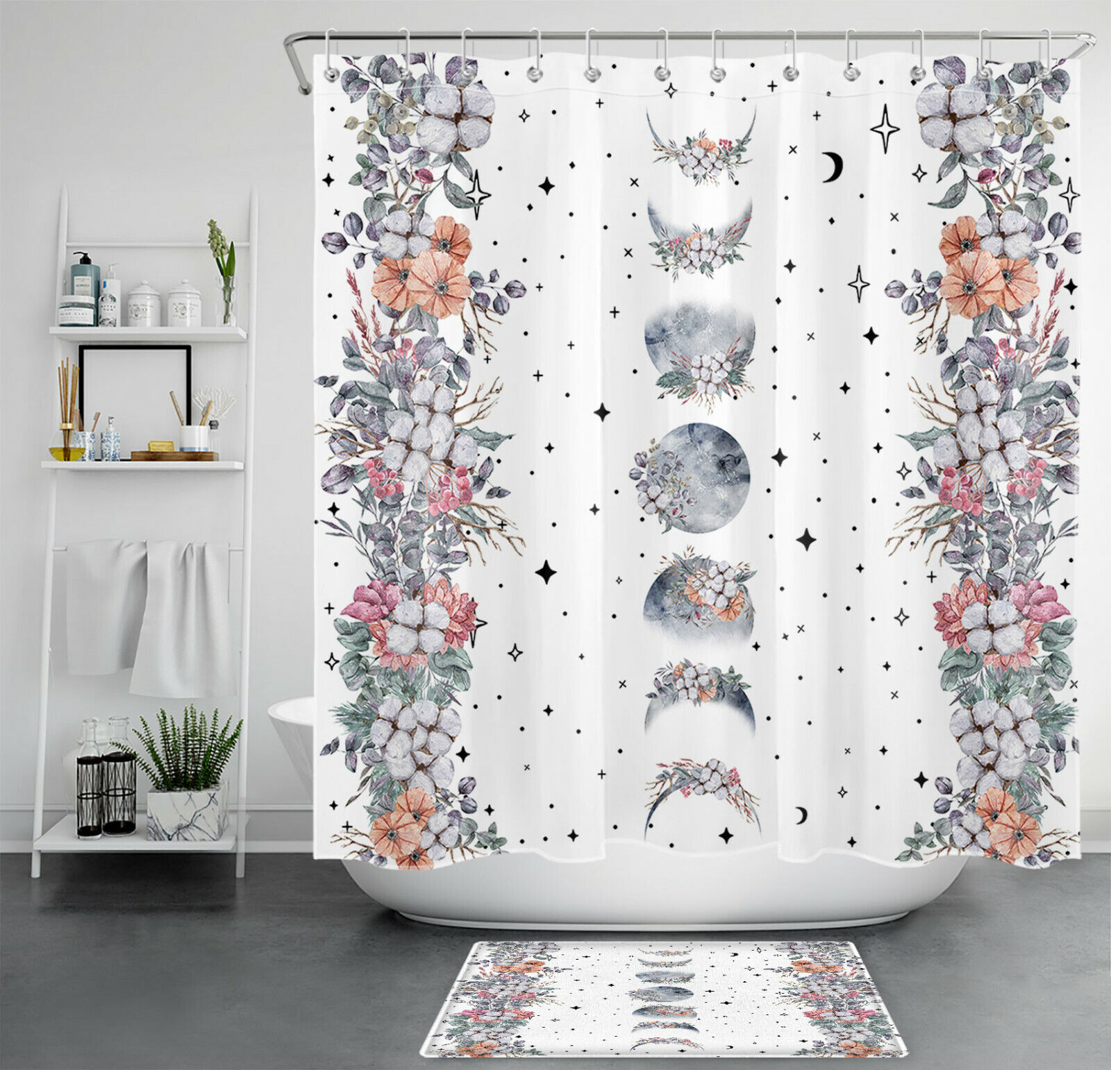 Bohemian Flowers Shower Curtain - Moon Phase Abstract Bathroom Accessory
