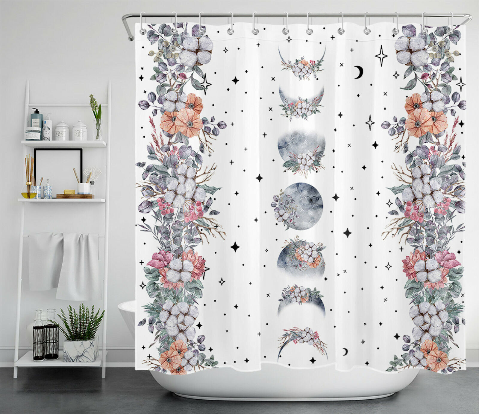Bohemian Flowers Shower Curtain - Moon Phase Abstract Bathroom Accessory - Image 2