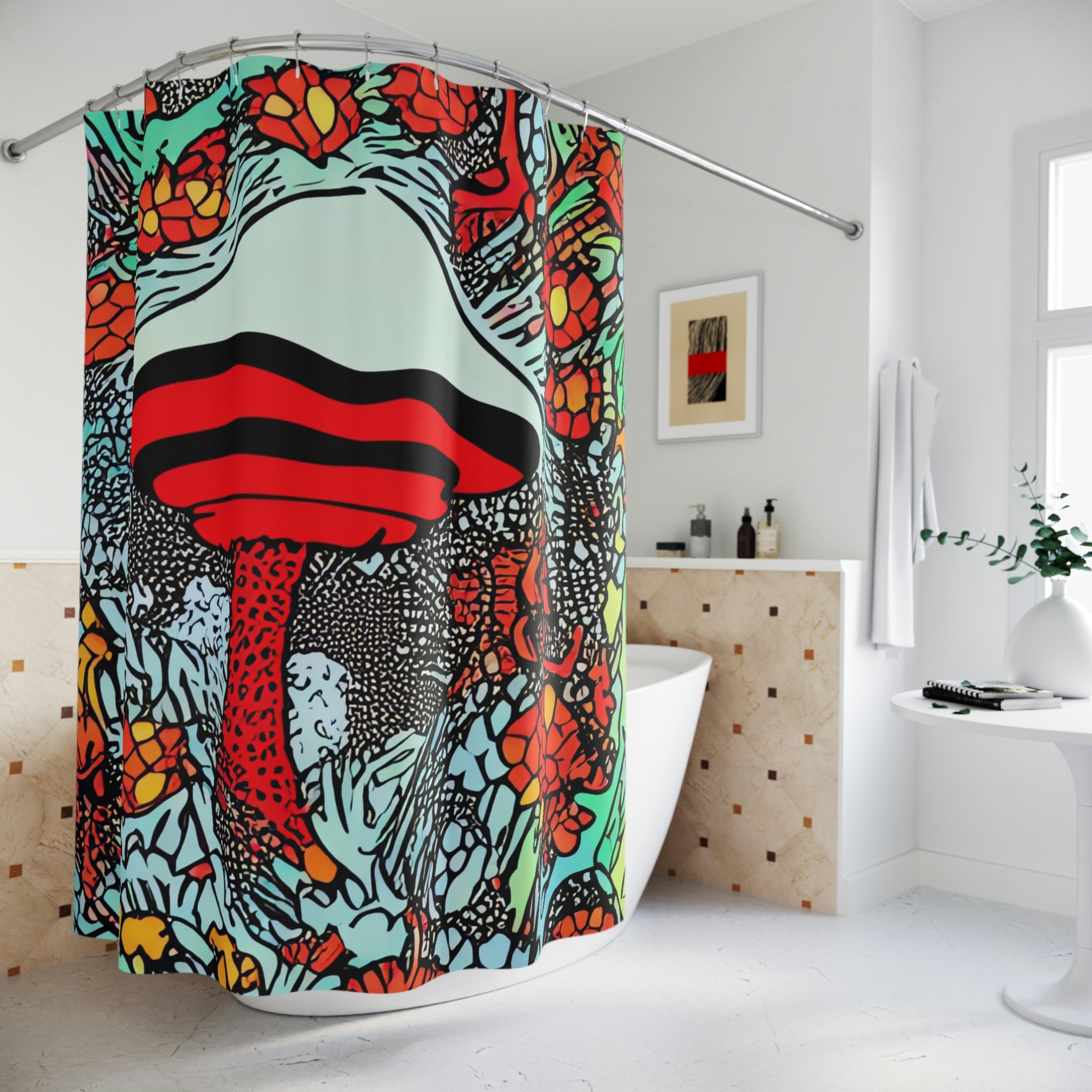 Bohemian Home Decor with Custom and Unique Magic Mushrooms Shower Curtain, Trippy and Psychedelic Shroom Print.