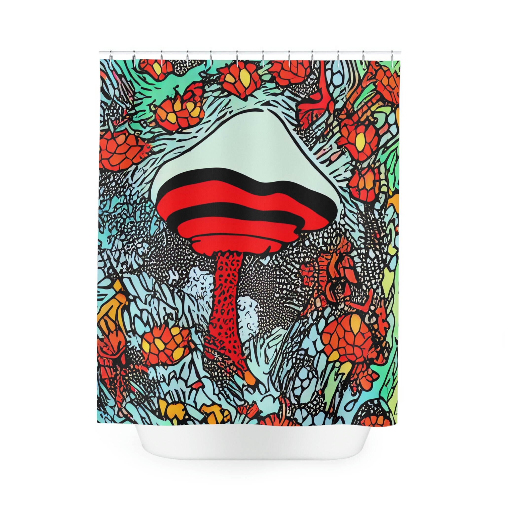 Bohemian Home Decor with Custom and Unique Magic Mushrooms Shower Curtain, Trippy and Psychedelic Shroom Print.