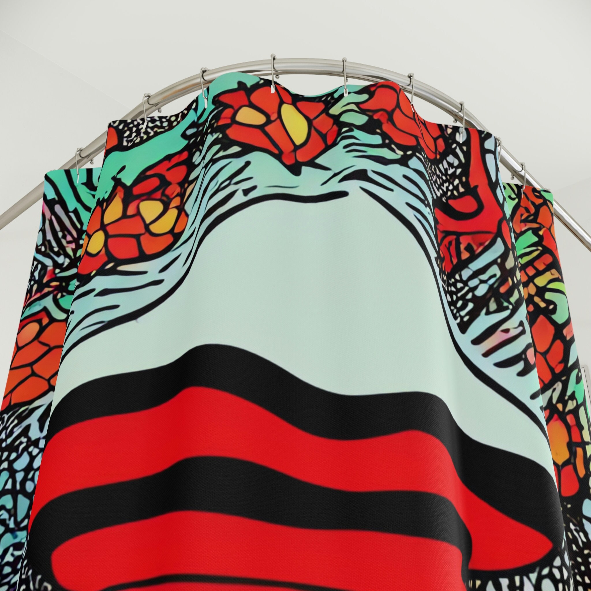 Bohemian Home Decor with Custom and Unique Magic Mushrooms Shower Curtain, Trippy and Psychedelic Shroom Print.