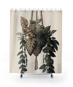 Bohemian Jungle Leaves Print Shower Curtain With Macrame Plant Hanger