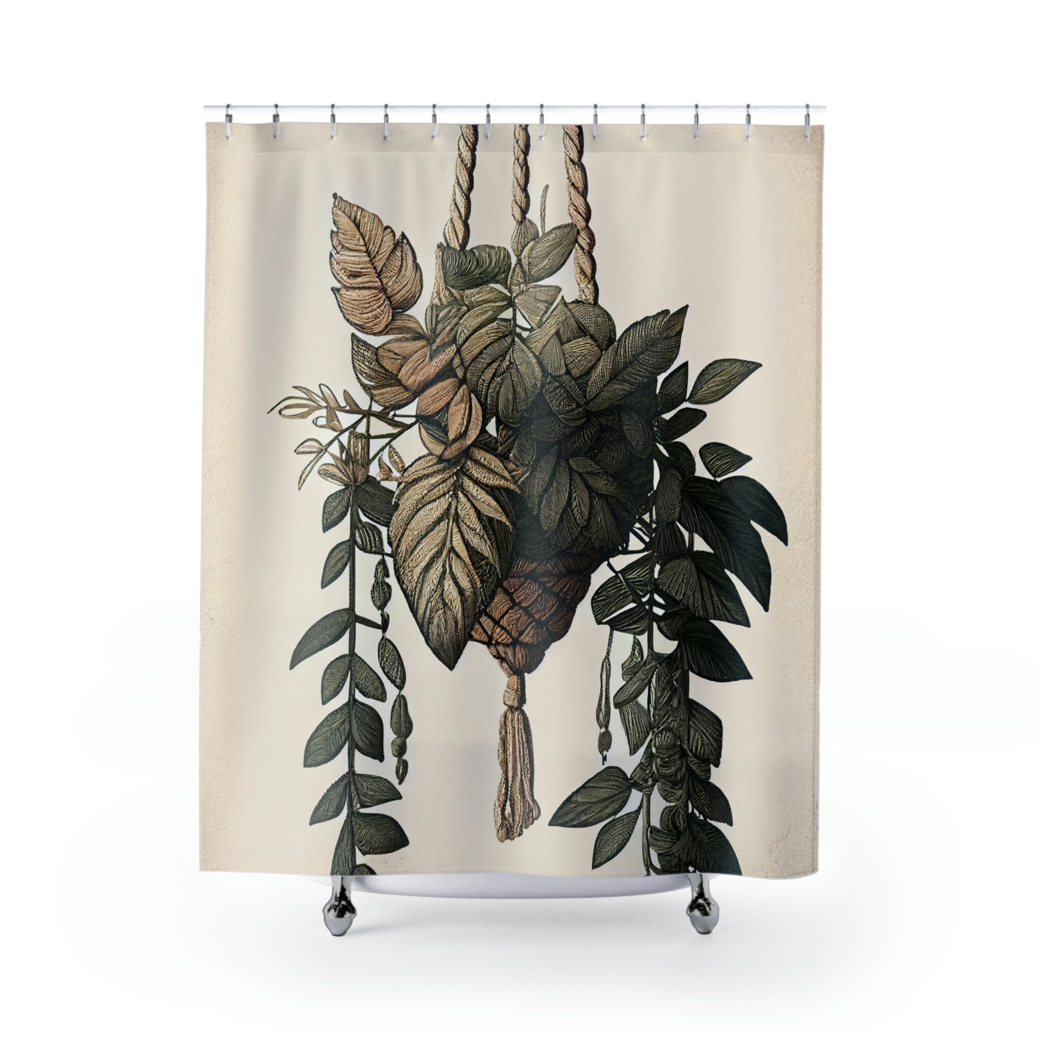 Bohemian Jungle Leaves Print Shower Curtain With Macrame Plant Hanger